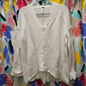 Free People White Rib Knit Oversized V Neck Sweater‎ Dolman Sleeve Relaxed Small